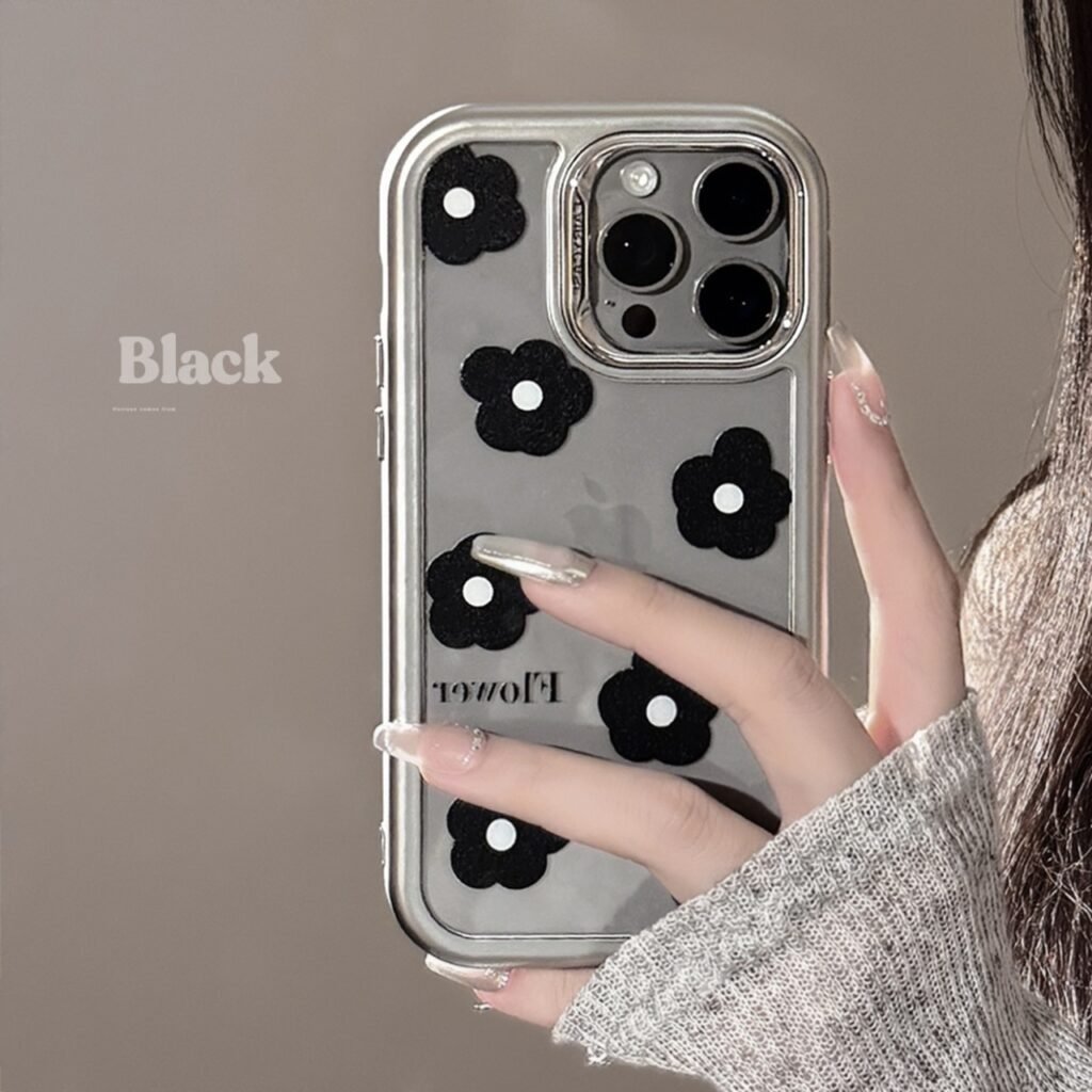 ★iPhone16シリーズ対応 黒花かわいいiPhoneケース