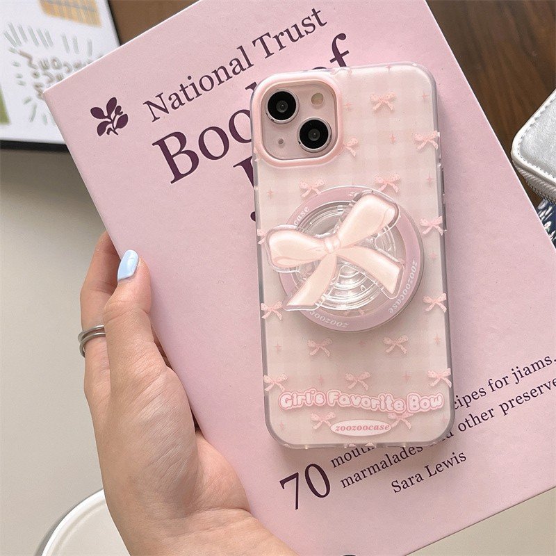MagSafe対応可能 マグネット式 かわいいチェック柄IPhoneケース リボングリップ